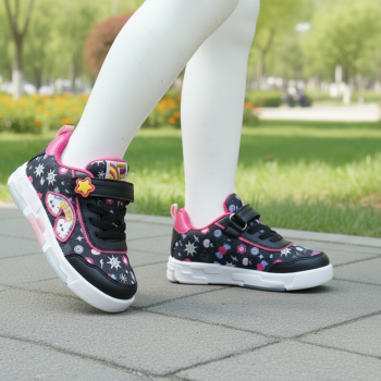 Wisco Kız Çocuk Siyah Pembe Işıklı Desenli Cırt Cırtlı Spor Ayakkabı