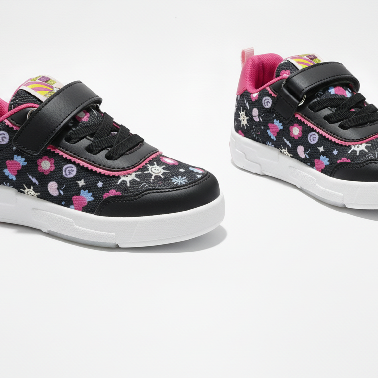 Wisco Kız Çocuk Siyah Pembe Işıklı Desenli Cırt Cırtlı Spor Ayakkabı