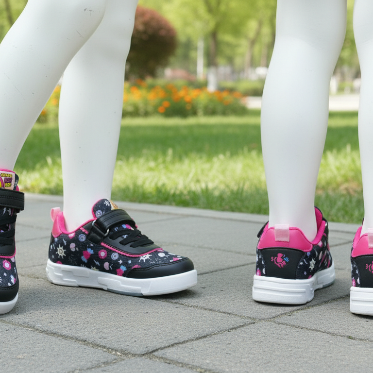 Wisco Kız Çocuk Siyah Pembe Işıklı Desenli Cırt Cırtlı Spor Ayakkabı