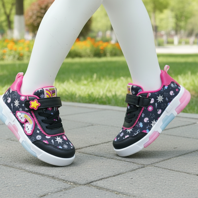 Wisco Kız Çocuk Siyah Pembe Işıklı Desenli Cırt Cırtlı Spor Ayakkabı