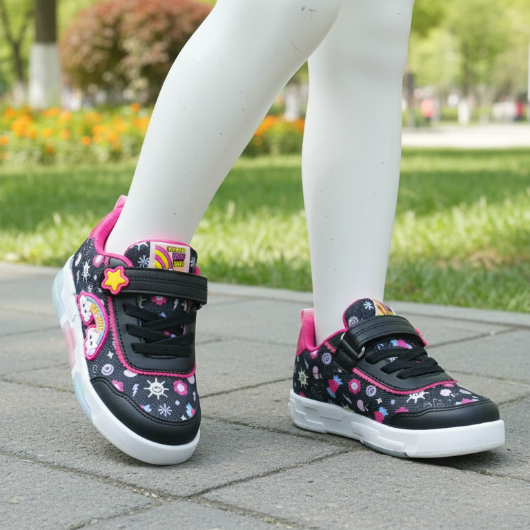 Wisco Kız Çocuk Siyah Pembe Işıklı Desenli Cırt Cırtlı Spor Ayakkabı