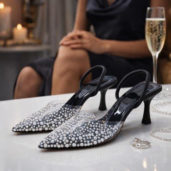 Şık İnci Detaylı Şeffaf Slingback Topuklu Ayakkabı