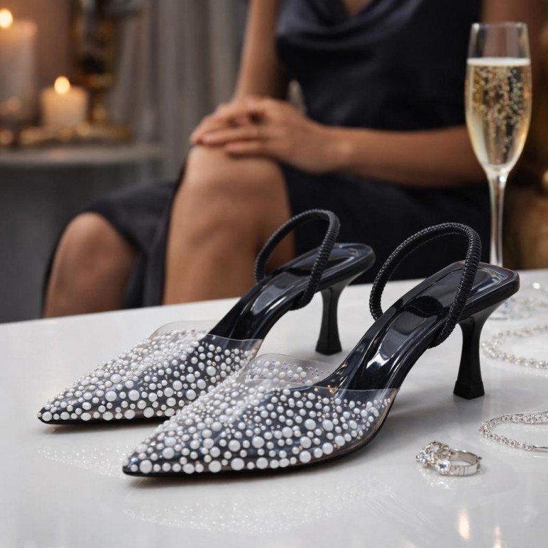 Şık İnci Detaylı Şeffaf Slingback Topuklu Ayakkabı