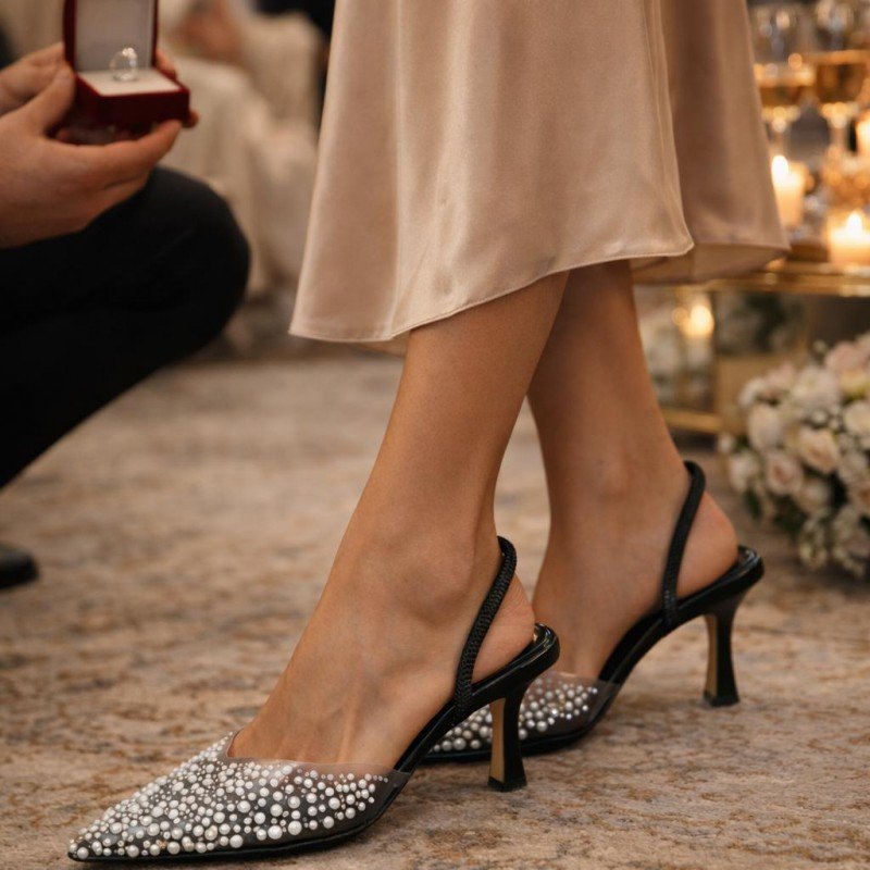 Şık İnci Detaylı Şeffaf Slingback Topuklu Ayakkabı