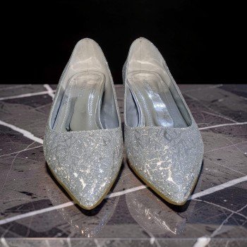 Gümüş Simli Işıltılı Sivri Burun Alçak Topuklu Abiye Ayakkabı