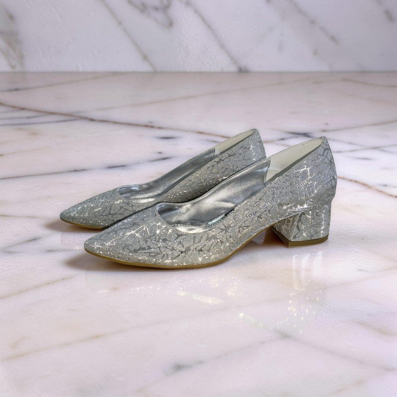 Gümüş Simli Işıltılı Sivri Burun Alçak Topuklu Abiye Ayakkabı