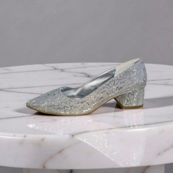 Gümüş Simli Işıltılı Sivri Burun Alçak Topuklu Abiye Ayakkabı