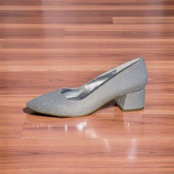 Gümüş Simli Sivri Burun Alçak Topuklu Ayakkabı