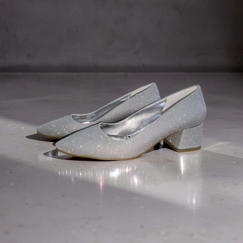 Gümüş Simli Sivri Burun Alçak Topuklu Ayakkabı