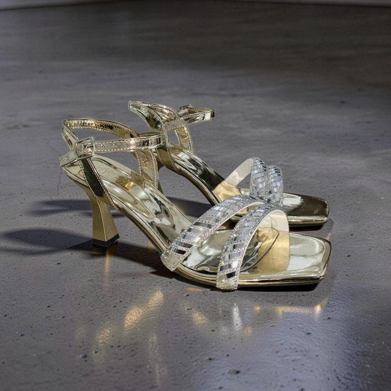 Kadın Altın Aynalı Taşlı Abiye Sandalet