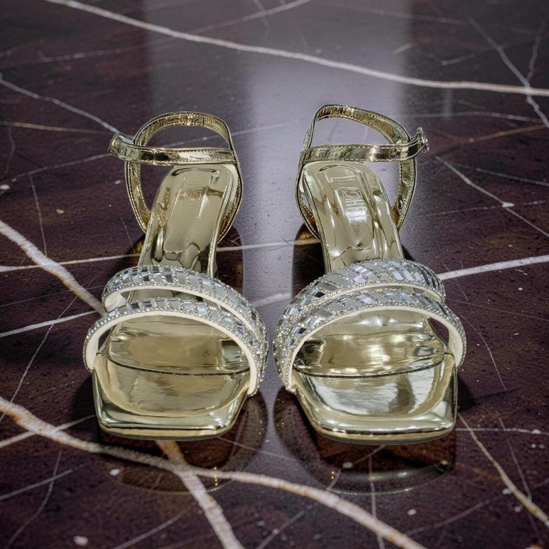 Kadın Altın Aynalı Taşlı Abiye Sandalet