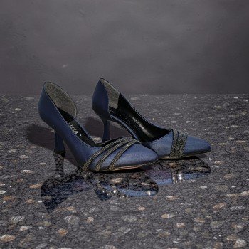 Moda Lizza Lacivert Saten Taşlı Abiye Topuklu Ayakkabı