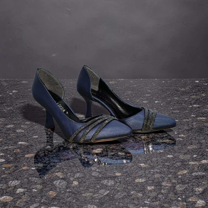 Moda Lizza Lacivert Saten Taşlı Abiye Topuklu Ayakkabı