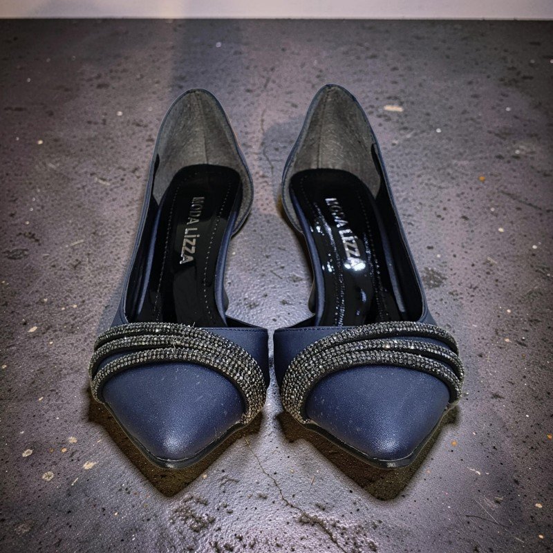 Moda Lizza Lacivert Saten Taşlı Abiye Topuklu Ayakkabı