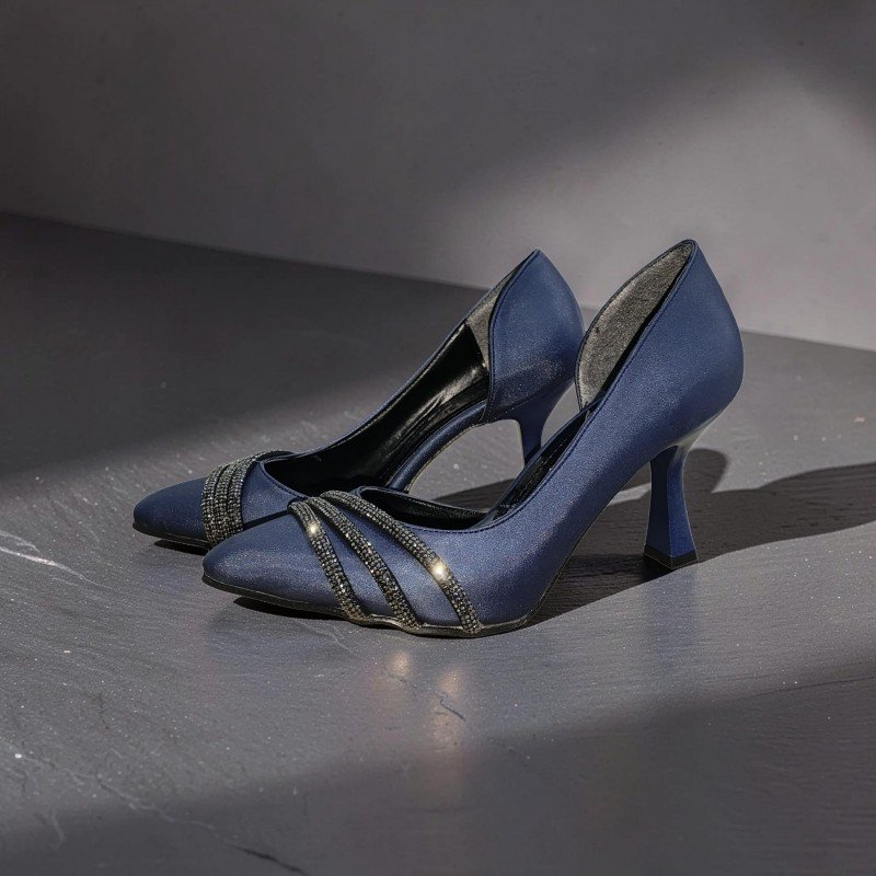 Moda Lizza Lacivert Saten Taşlı Abiye Topuklu Ayakkabı