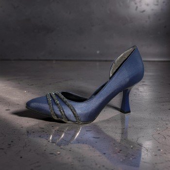 Moda Lizza Lacivert Saten Taşlı Abiye Topuklu Ayakkabı