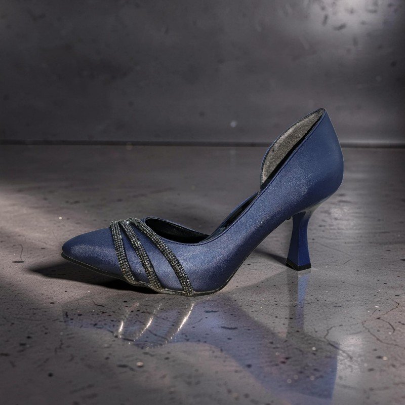 Moda Lizza Lacivert Saten Taşlı Abiye Topuklu Ayakkabı