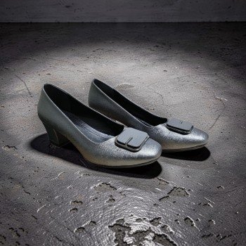 Kadın Gümüş Simli Tokalı Konforlu Orta Topuklu Ayakkabı