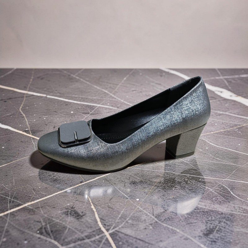 Kadın Gümüş Simli Tokalı Konforlu Orta Topuklu Ayakkabı