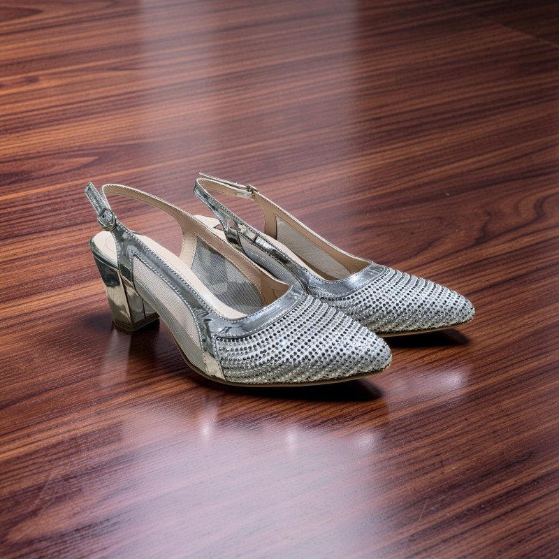 Gümüş Kristal Taşlı & Mesh Detaylı Şık Slingback Topuklu Ayakkabı