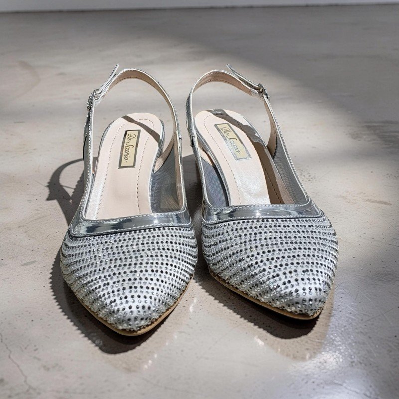 Gümüş Kristal Taşlı & Mesh Detaylı Şık Slingback Topuklu Ayakkabı