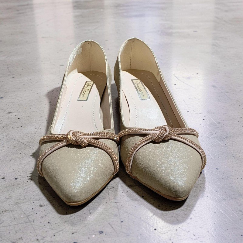 De Scario Kadın Şampanya Rengi Simli Taş Detaylı Kalın Topuklu Abiye Ayakkabı