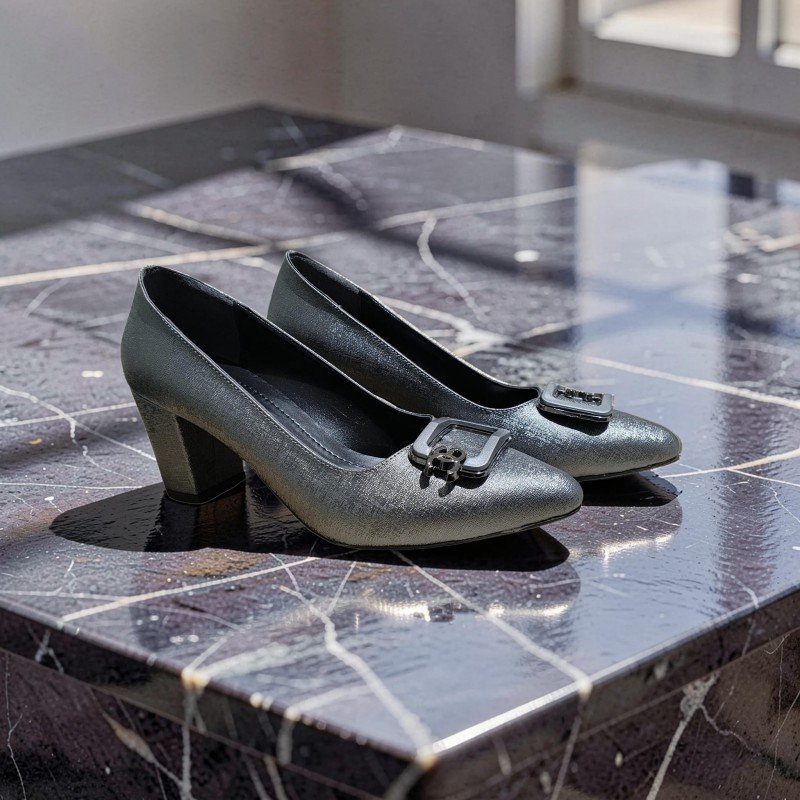 Gümüş Parıltılı Kare Toka Detaylı Kalın Topuklu Ayakkabı