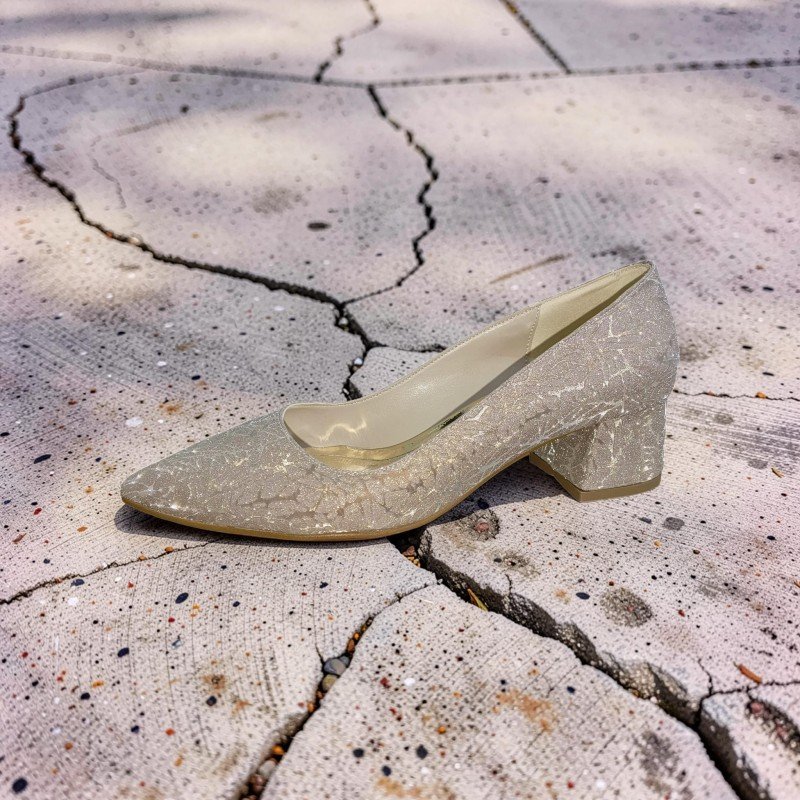 Işıltılı Gümüş/Gold Dokulu 5 cm Blok Topuklu Ayakkabı