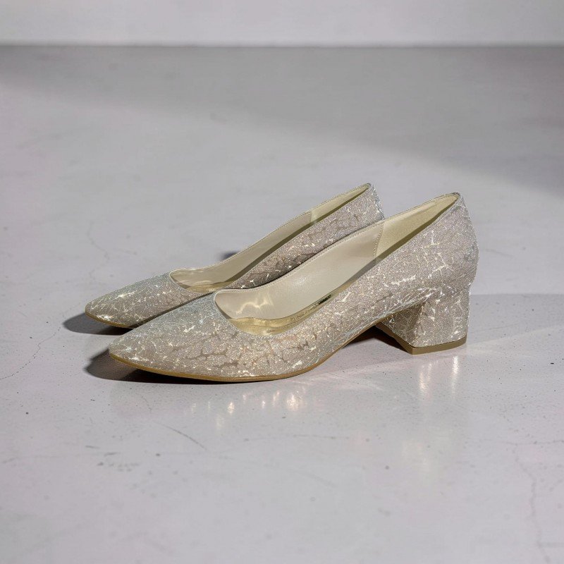 Işıltılı Gümüş/Gold Dokulu 5 cm Blok Topuklu Ayakkabı