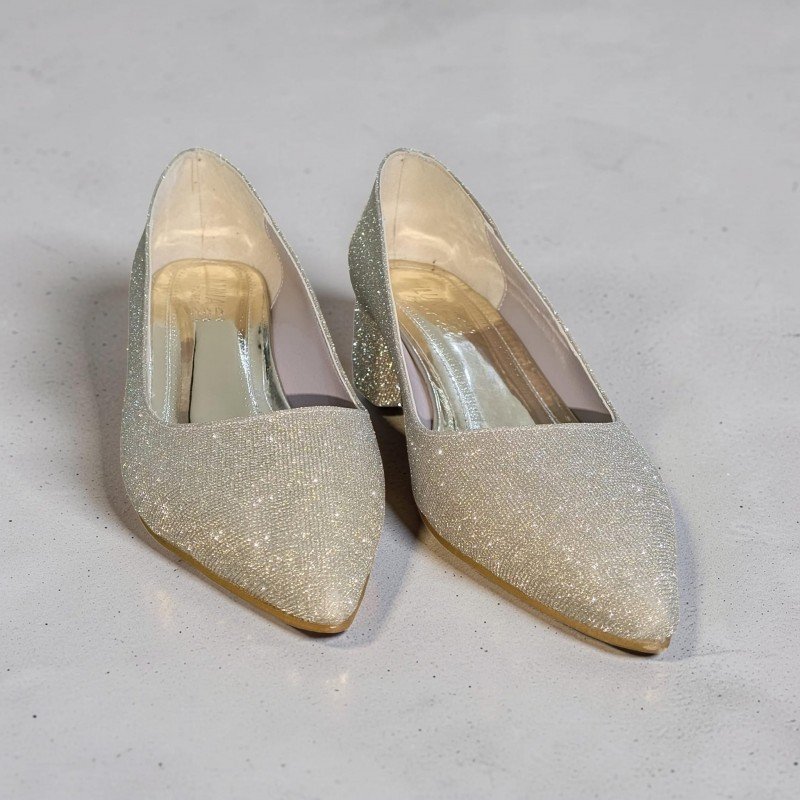 Kadın Dore Işıltılı Simli Sivri Burun Alçak Blok Topuklu Abiye Ayakkabı