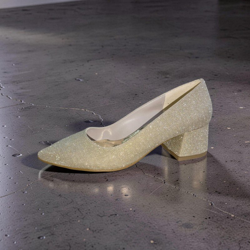 Kadın Dore Işıltılı Simli Sivri Burun Alçak Blok Topuklu Abiye Ayakkabı