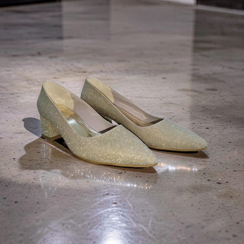 Kadın Dore Işıltılı Simli Sivri Burun Alçak Blok Topuklu Abiye Ayakkabı