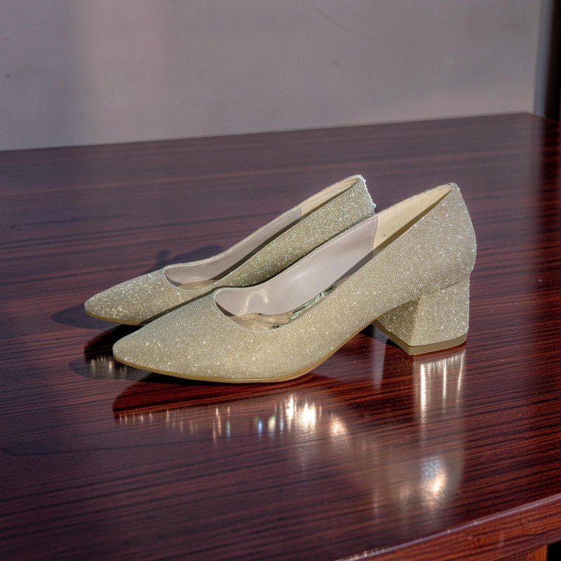 Kadın Dore Işıltılı Simli Sivri Burun Alçak Blok Topuklu Abiye Ayakkabı