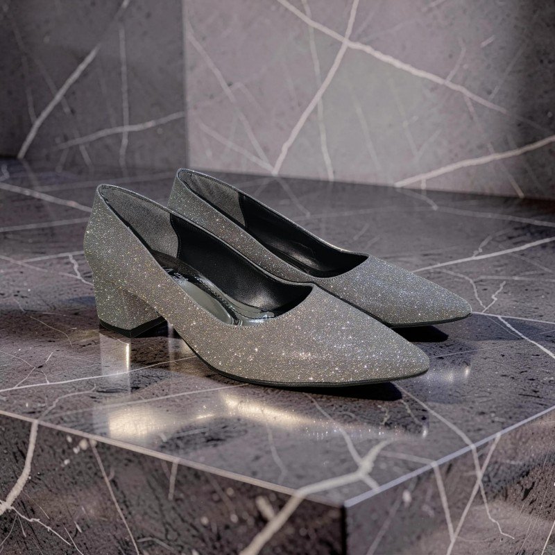 Gümüş Simli Sivri Burun Alçak Blok Topuklu Abiye Ayakkabı