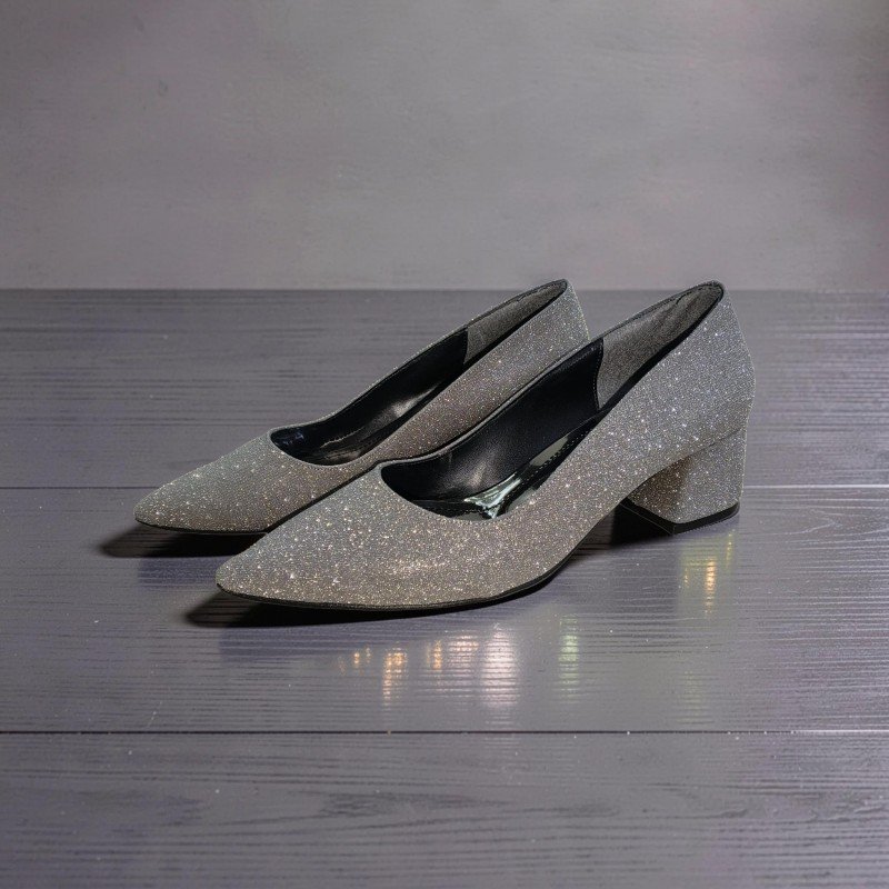 Gümüş Simli Sivri Burun Alçak Blok Topuklu Abiye Ayakkabı