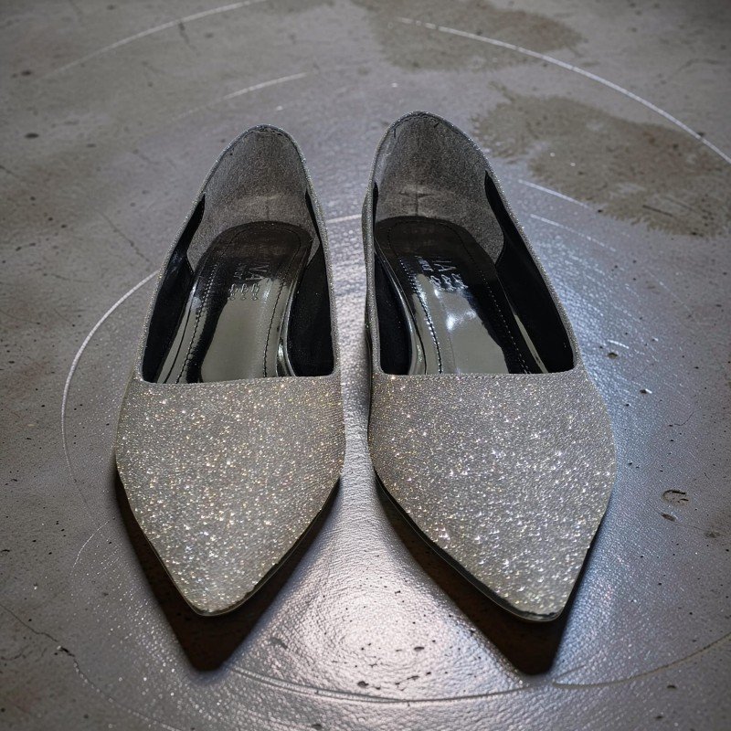 Gümüş Simli Sivri Burun Alçak Blok Topuklu Abiye Ayakkabı