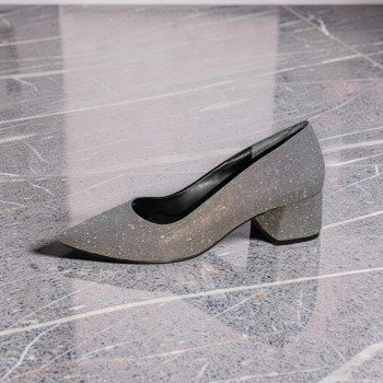 Gümüş Simli Sivri Burun Alçak Blok Topuklu Abiye Ayakkabı