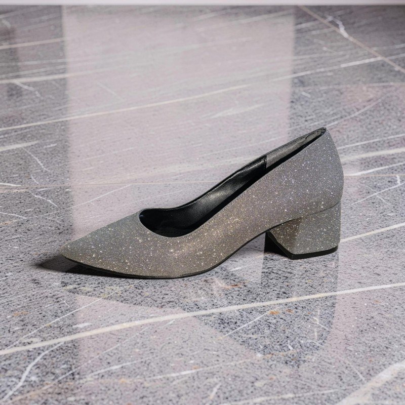 Gümüş Simli Sivri Burun Alçak Blok Topuklu Abiye Ayakkabı