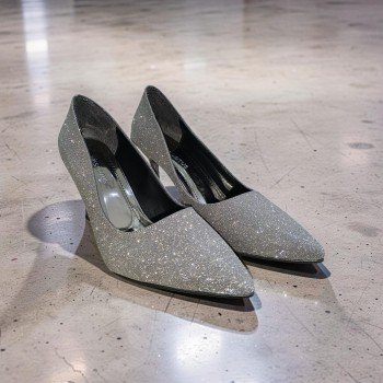 Gümüş Simli Sivri Burun İnce Topuklu Stiletto