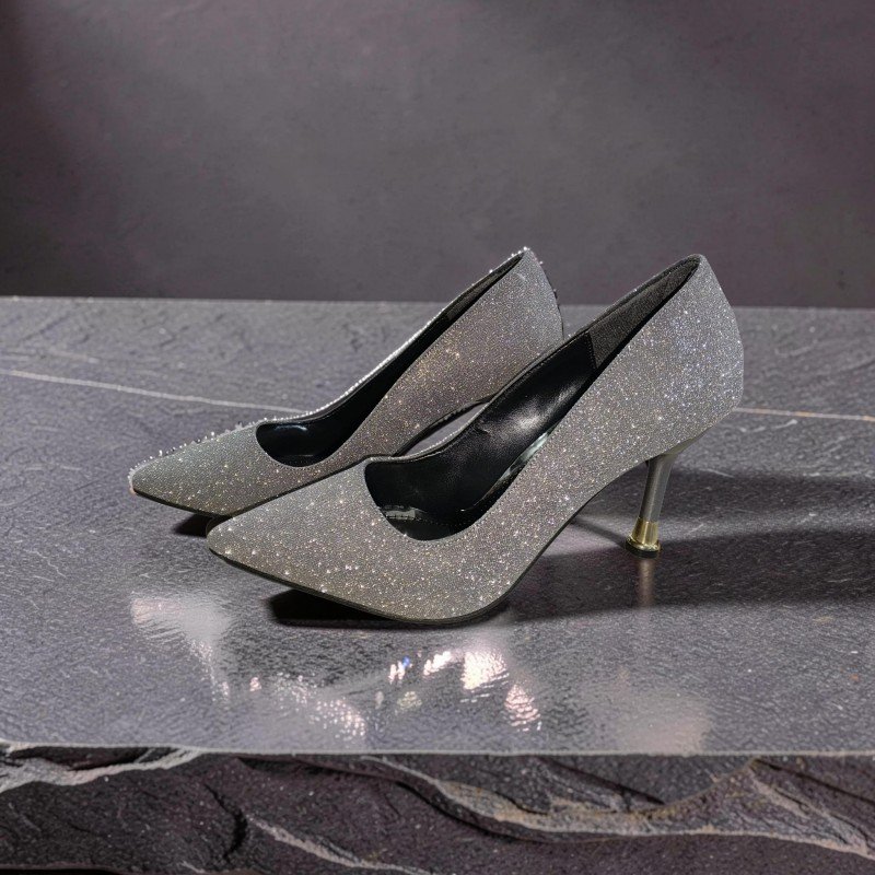 Gümüş Simli Sivri Burun İnce Topuklu Stiletto