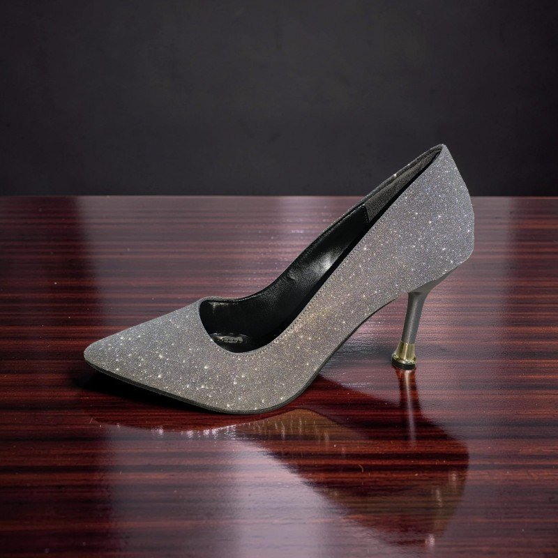 Gümüş Simli Sivri Burun İnce Topuklu Stiletto