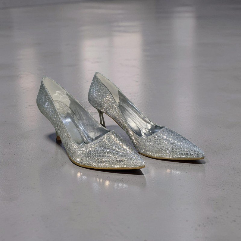 Gümüş Işıltılı Yılan Desenli Stiletto