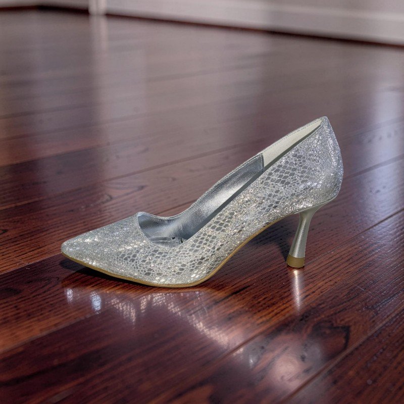 Gümüş Işıltılı Yılan Desenli Stiletto