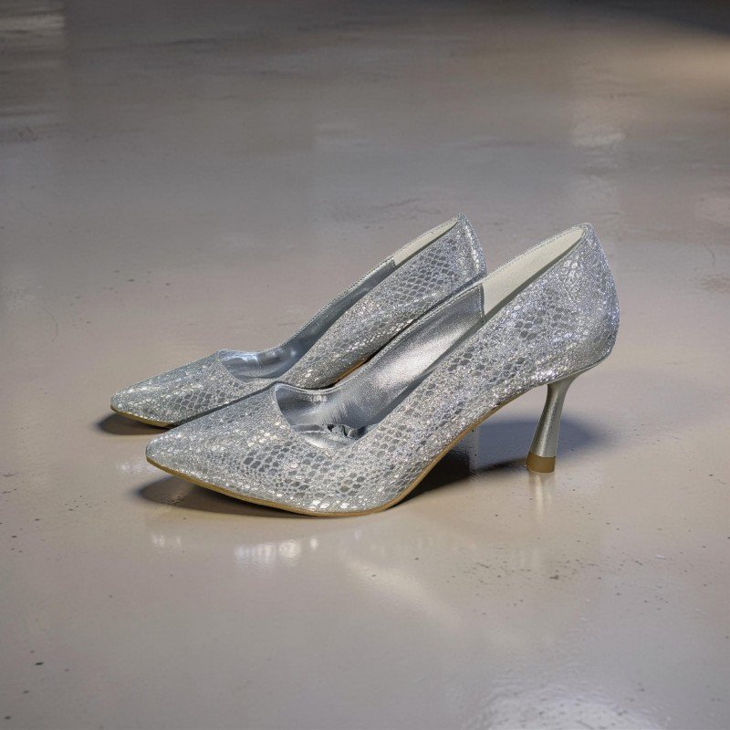 Gümüş Işıltılı Yılan Desenli Stiletto