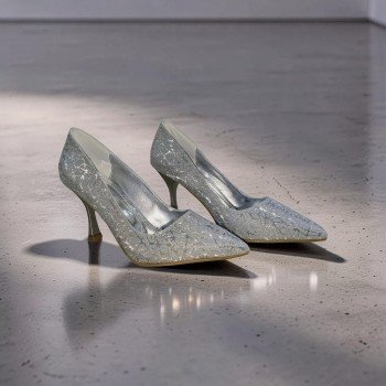 Gümüş Simli Işıltılı Sivri Burun Topuklu Ayakkabı