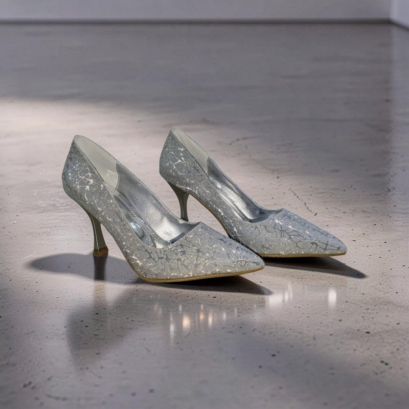 Gümüş Simli Işıltılı Sivri Burun Topuklu Ayakkabı