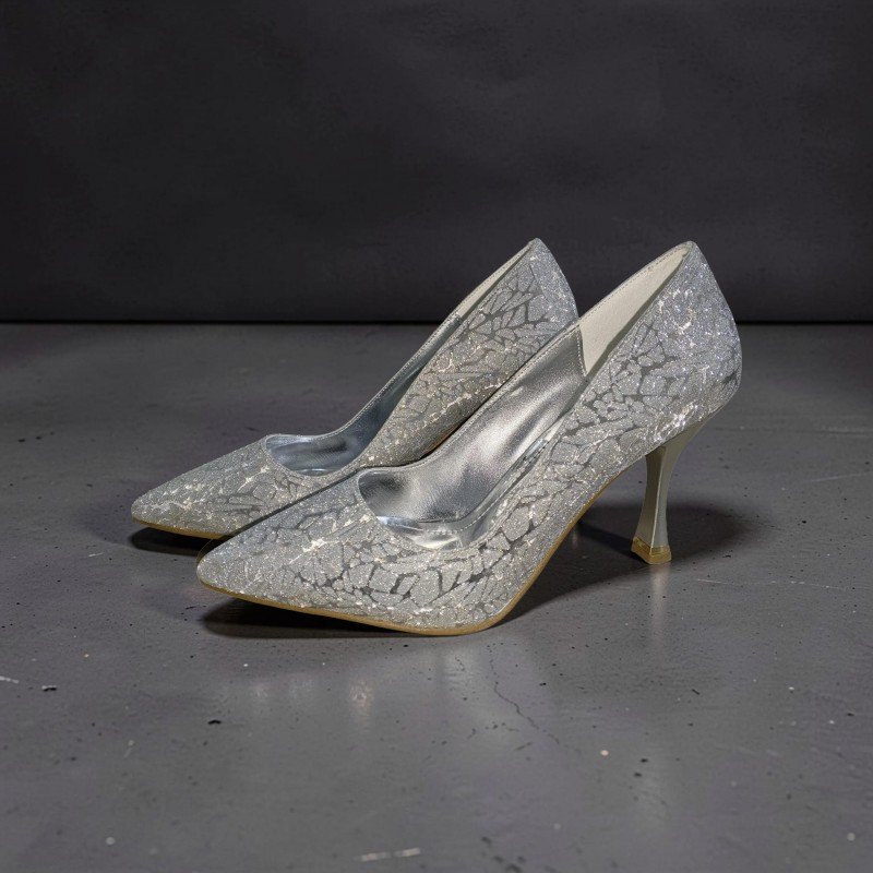 Gümüş Simli Işıltılı Sivri Burun Topuklu Ayakkabı