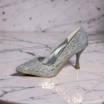 Gümüş Simli Işıltılı Sivri Burun Topuklu Ayakkabı