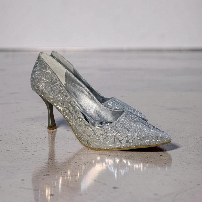 Gümüş Simli Işıltılı Sivri Burun Topuklu Ayakkabı
