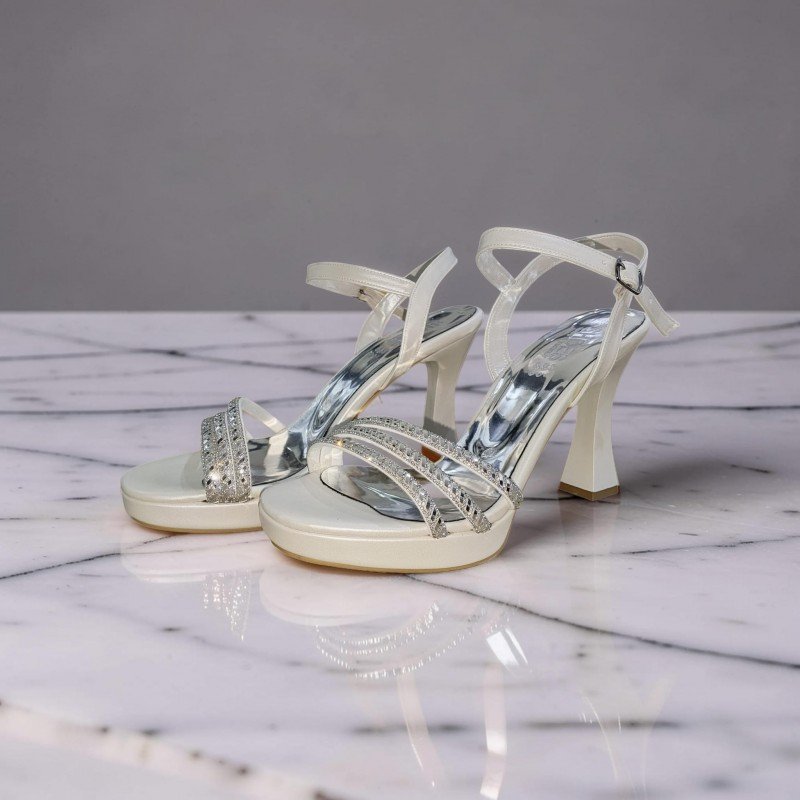 Zarif Gelin ve Davet Ayakkabısı - Taşlı, Platform Topuklu - Beyaz